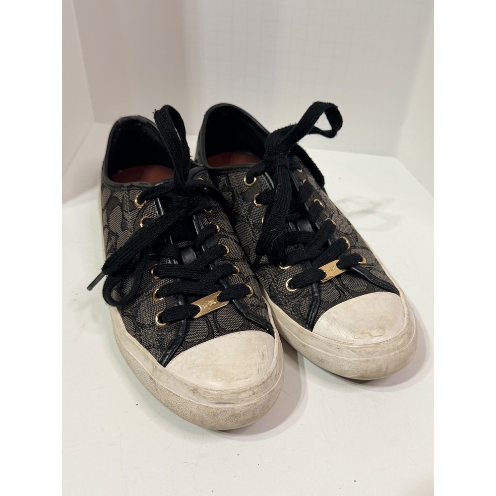 Coach Signature C Monogram Canvas Low Top Sneakers Black Grey Gold Hardware